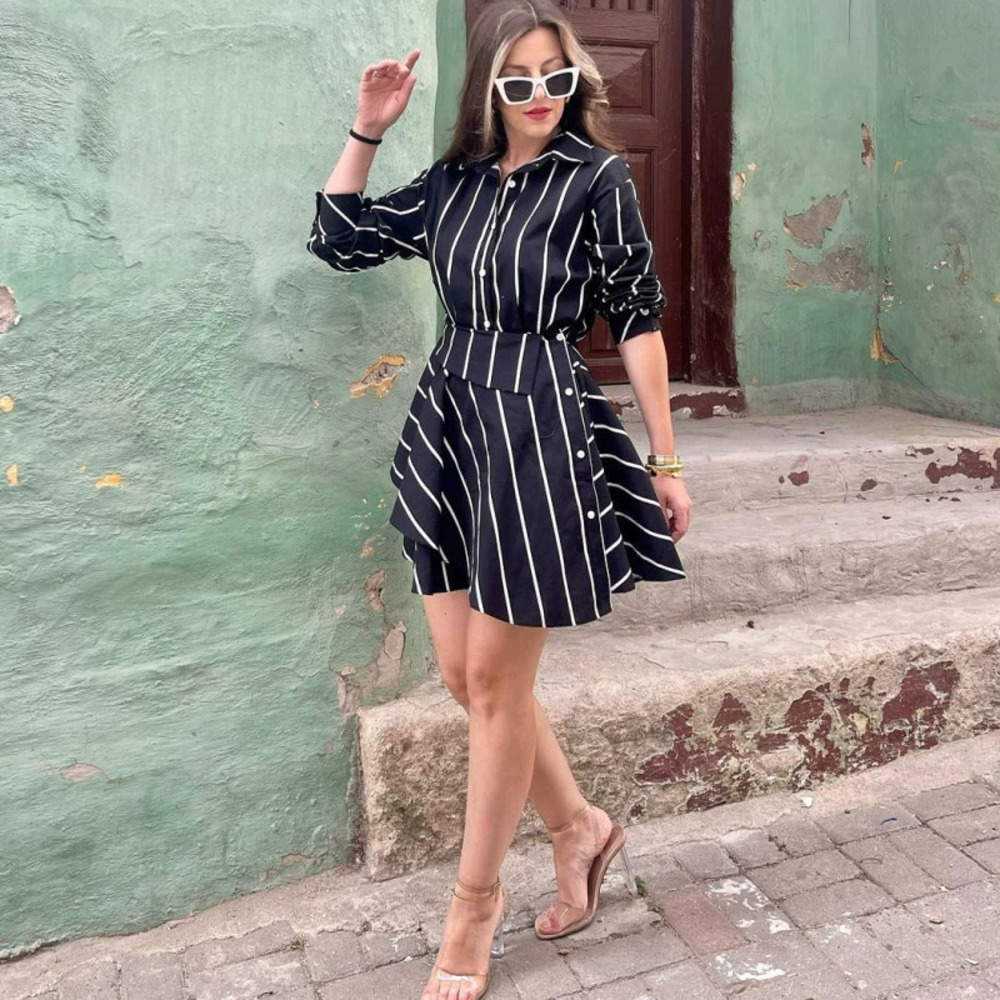 Forever 21 Classic Black White Striped Long-Sleeve Women's Dress